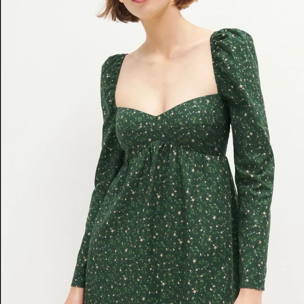 Reformation Kenzi Babydoll Floral Print Mini dress in Coriander Green Size 8 - Picture 2 of 8